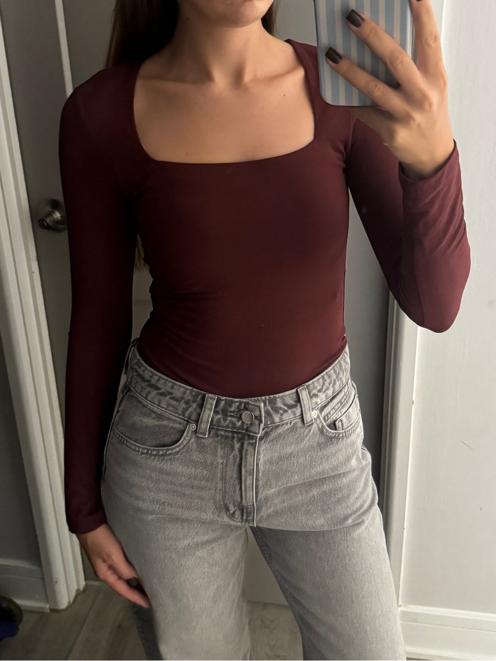 H&M Burgundy Square-Neck Long Sleeve Top